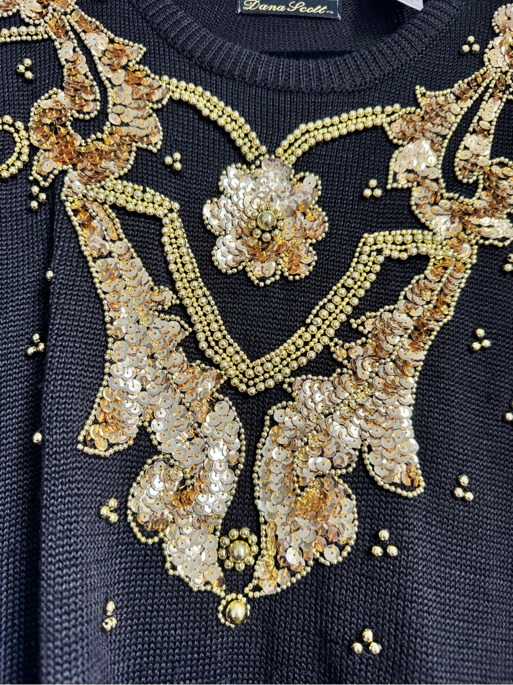 Diane Freis Black Sweater with Gold Sequin Floral Embellishment - Picture 5 of 9